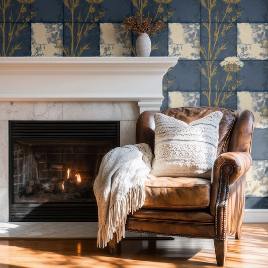 Indigo Patchwork large scale wallpaper in a styled room