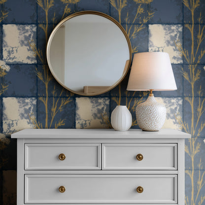 Indigo Patchwork large scale wallpaper in a styled room
