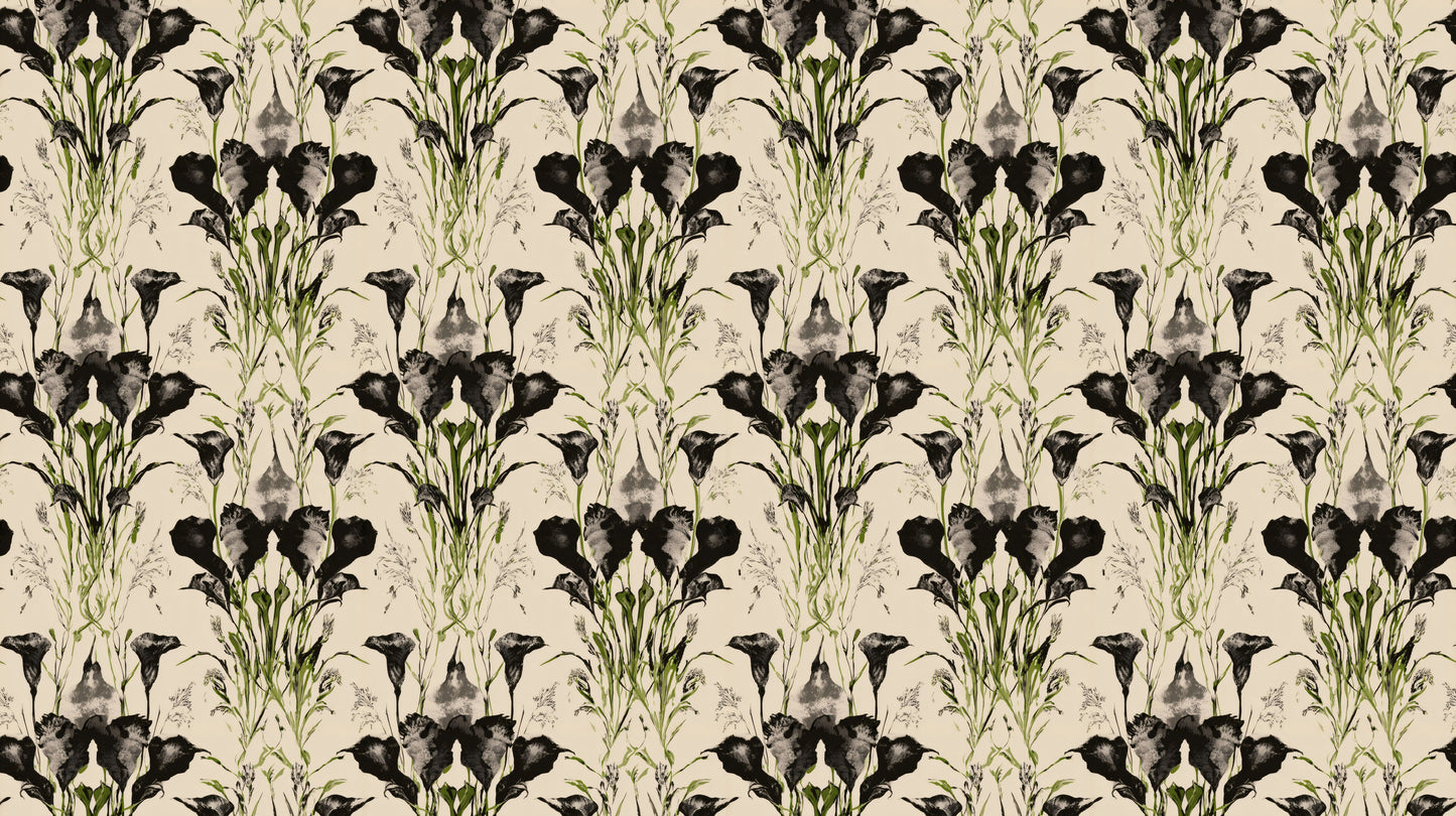 Black Floral Mural of ink-washed calla lilies mirrored into tall panels on a cream ground.