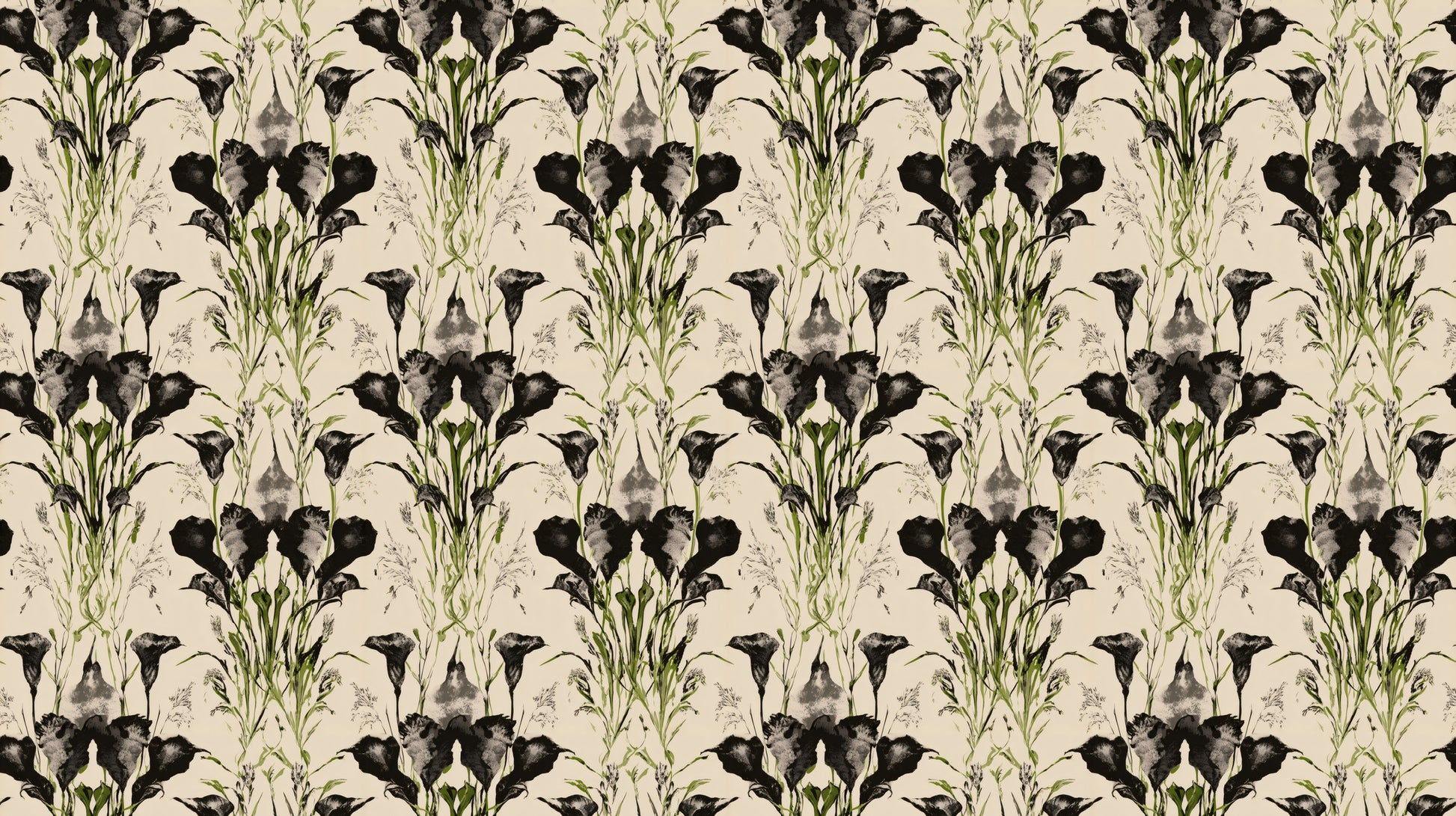 Black Floral Mural of ink-washed calla lilies mirrored into tall panels on a cream ground.