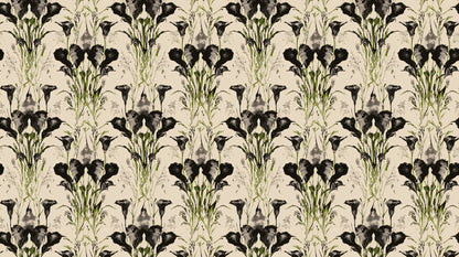 Black Floral Mural of ink-washed calla lilies mirrored into tall panels on a cream ground.