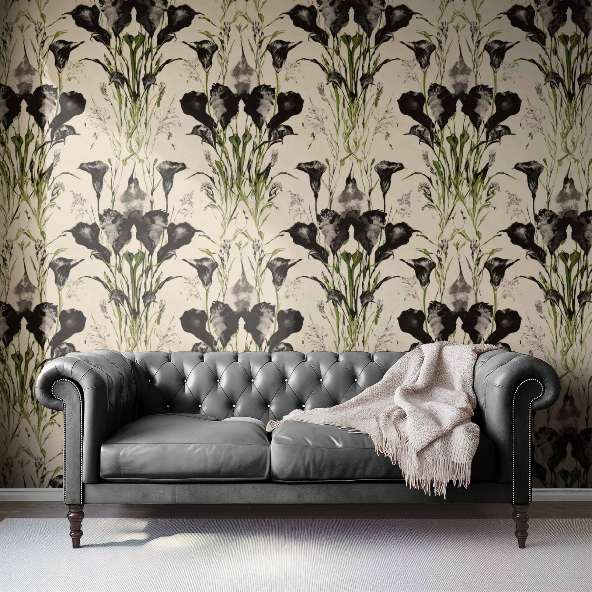 Black Floral Mural shown at full wall scale as a single continuous image.