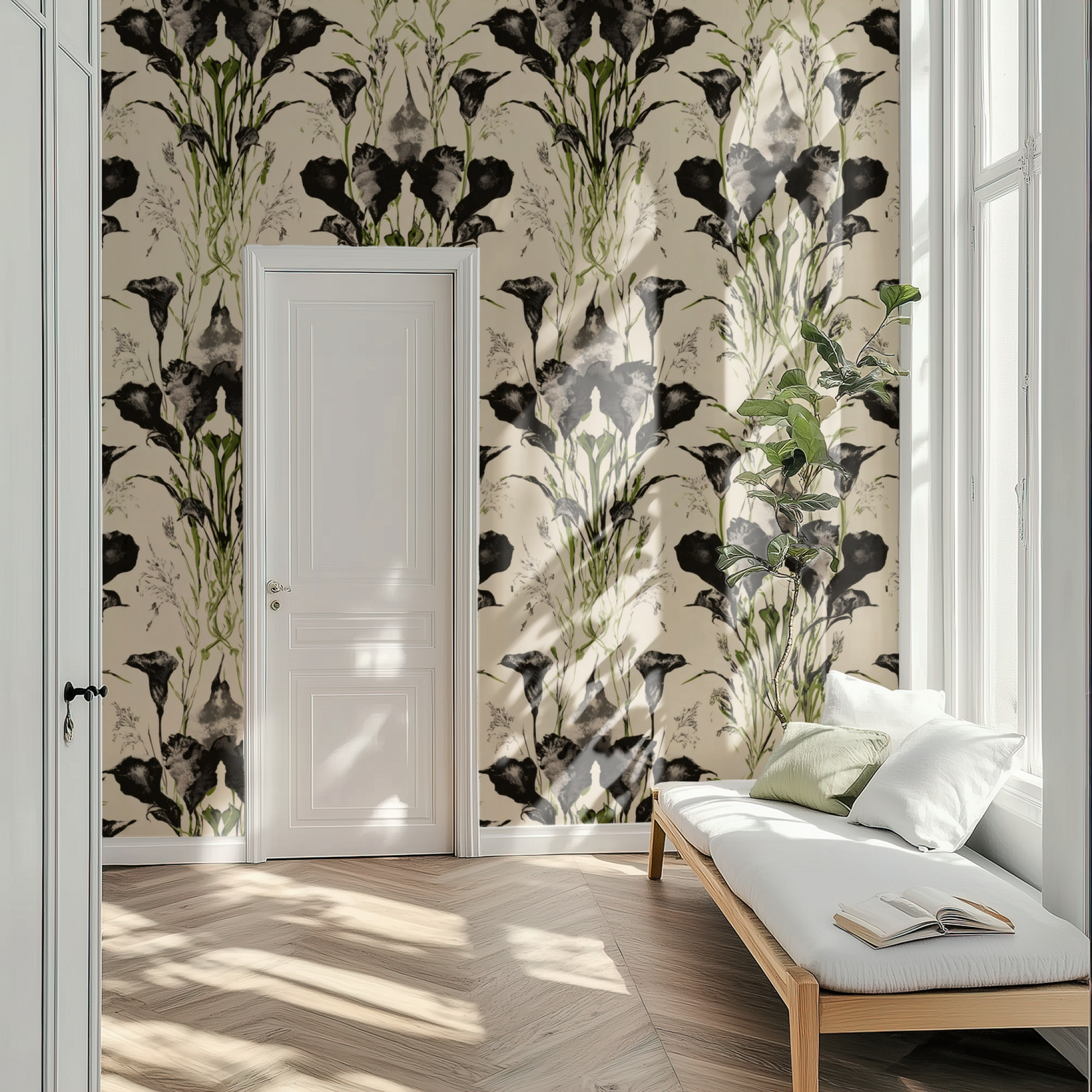 Black Floral Mural shown at full wall scale as a single continuous image.