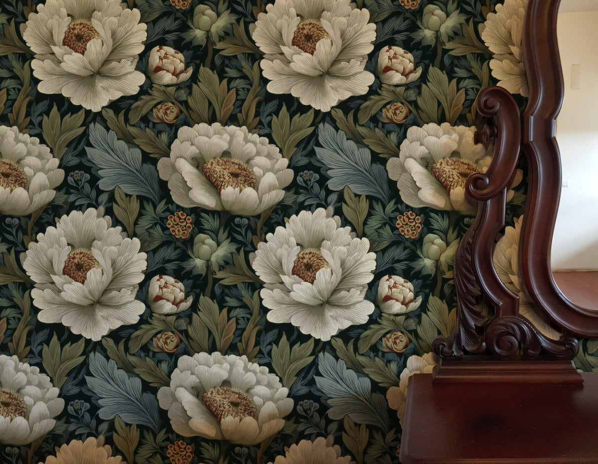 Ink Peony large scale wallpaper in a styled room