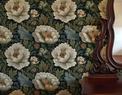 Ink Peony large scale wallpaper in a styled room