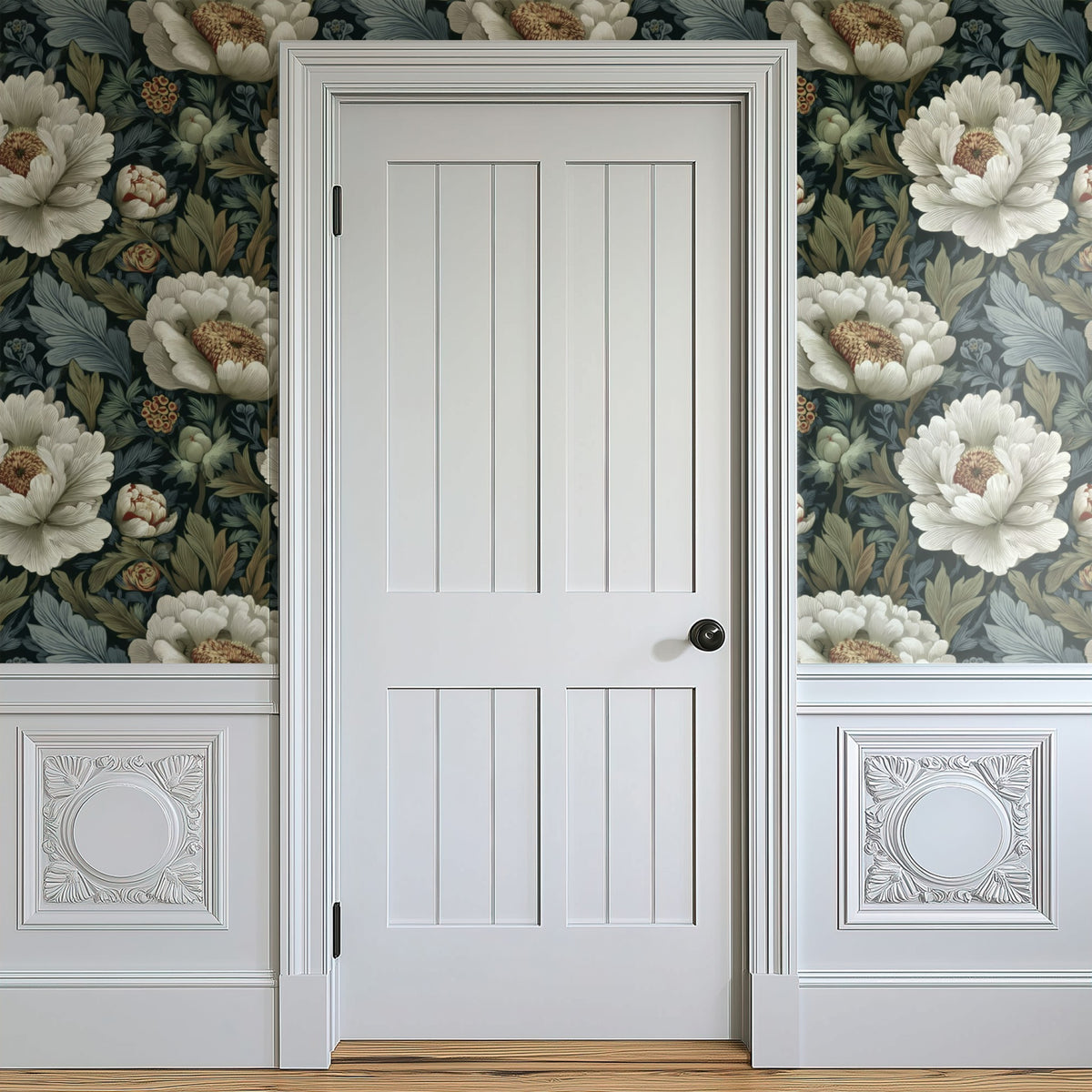 Ink Peony large scale wallpaper in a styled room