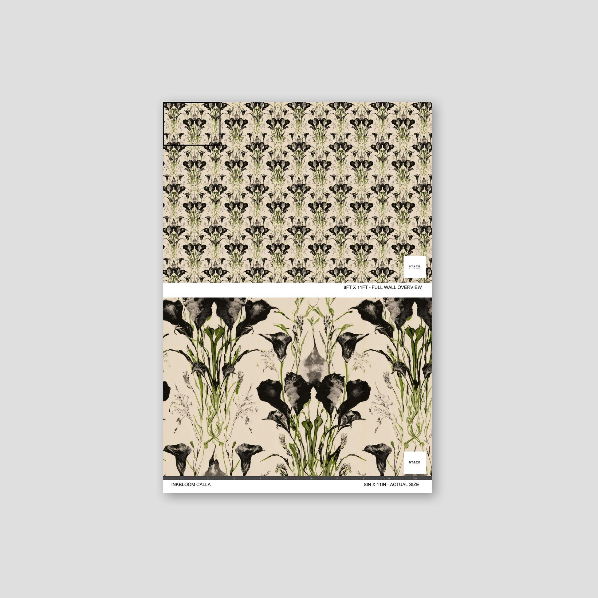 Inkbloom Calla wallpaper with black floral pattern on cream background.
