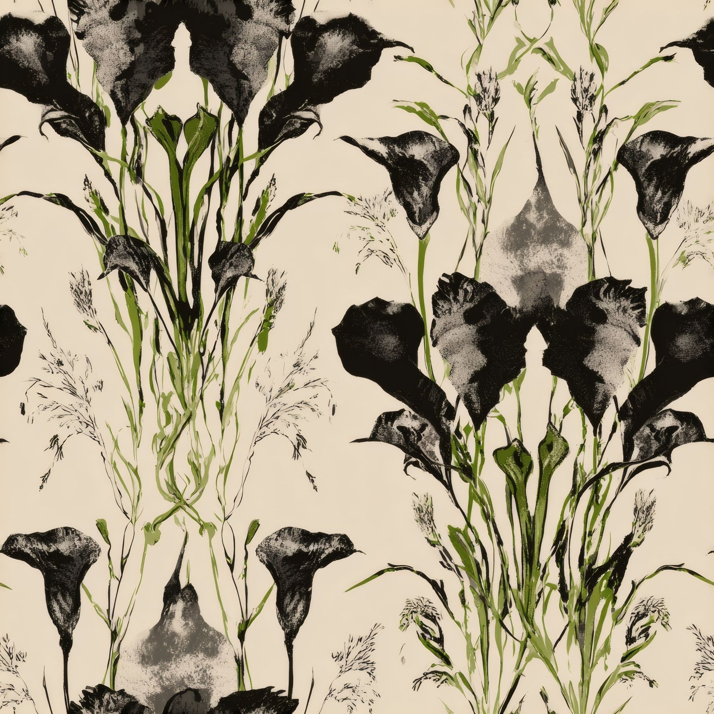 Symmetrical black-ink calla lilies and grasses with green accents on a cream ground in a dramatic wallpaper.