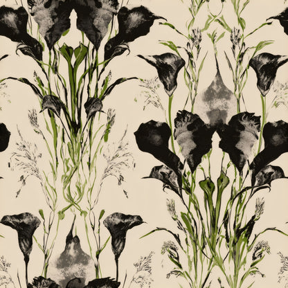 Symmetrical black-ink calla lilies and grasses with green accents on a cream ground in a dramatic wallpaper.
