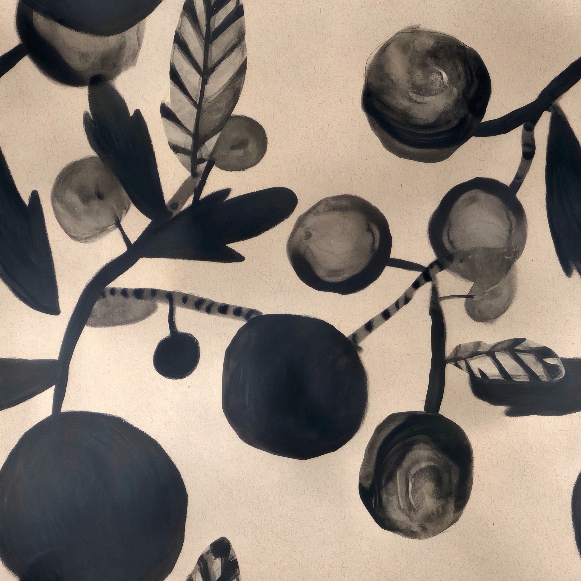 Black ink painted plums and leaves on striped stems over a warm kraft ground.
