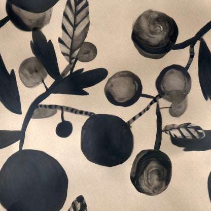 Black ink painted plums and leaves on striped stems over a warm kraft ground.