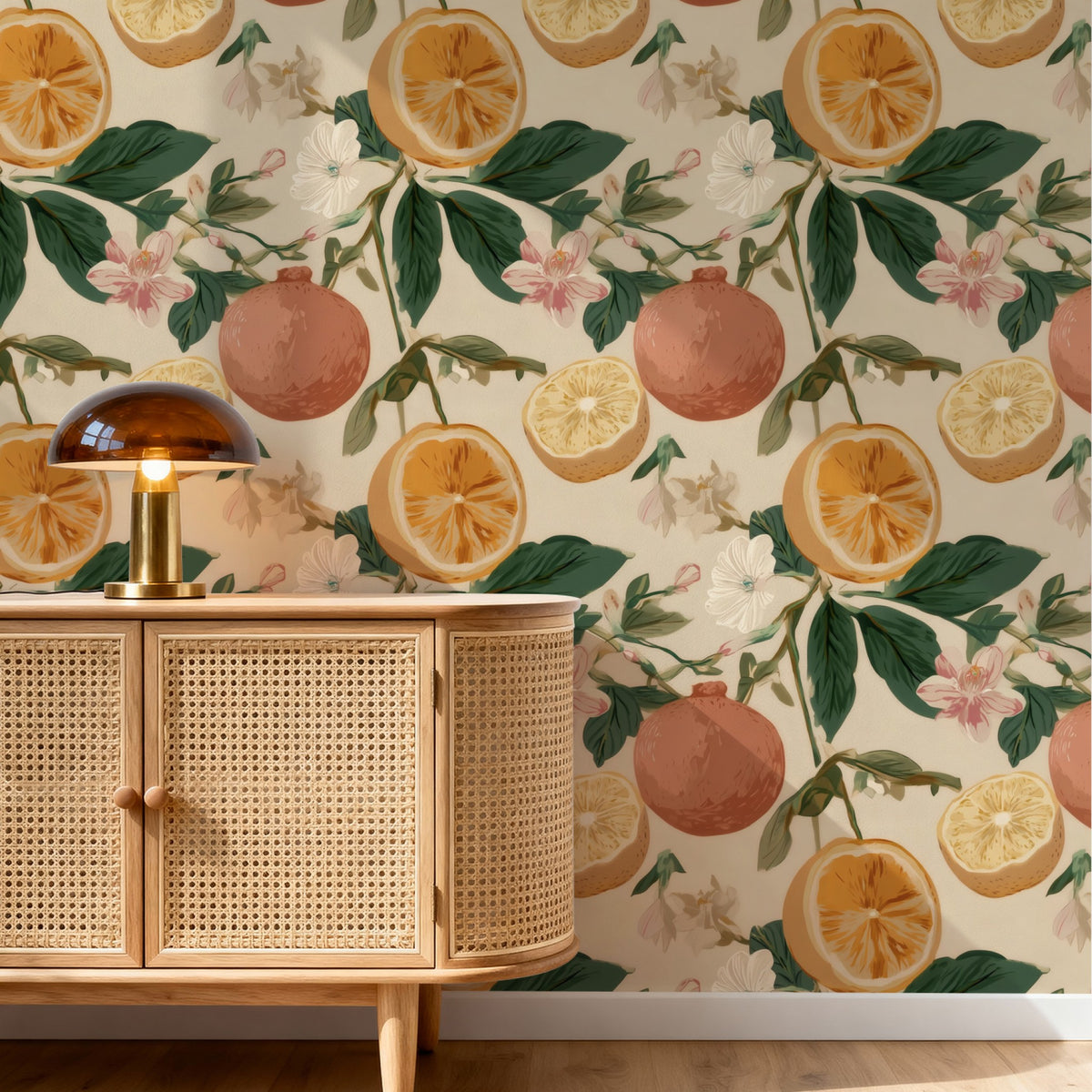 Ivory Citrus large scale wallpaper in a styled room