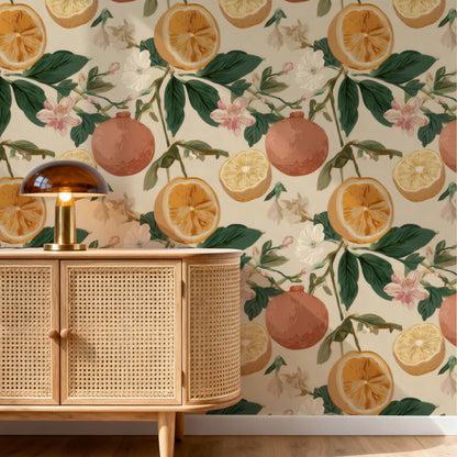 Ivory Citrus large scale wallpaper in a styled room