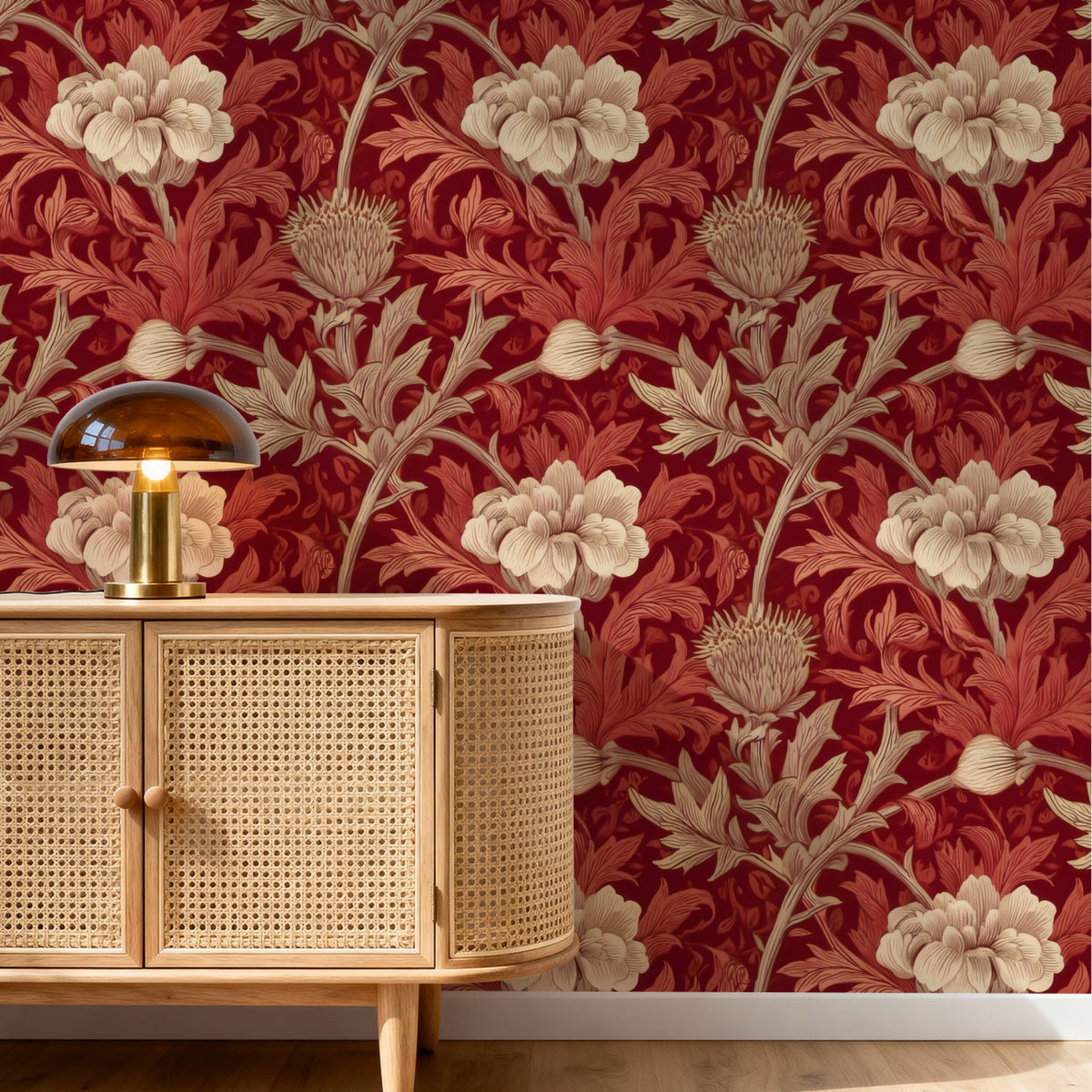 Ivory Damask large scale wallpaper in a styled room