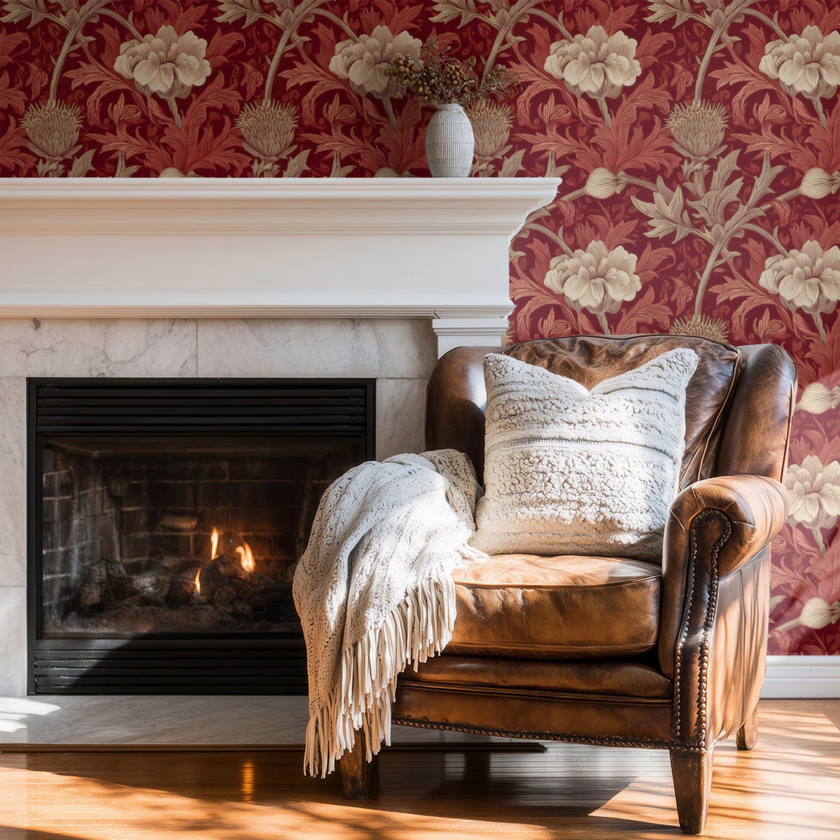 Ivory Damask large scale wallpaper in a styled room
