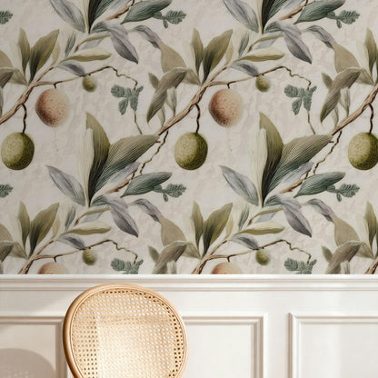Ivory Olive large scale wallpaper in a styled room
