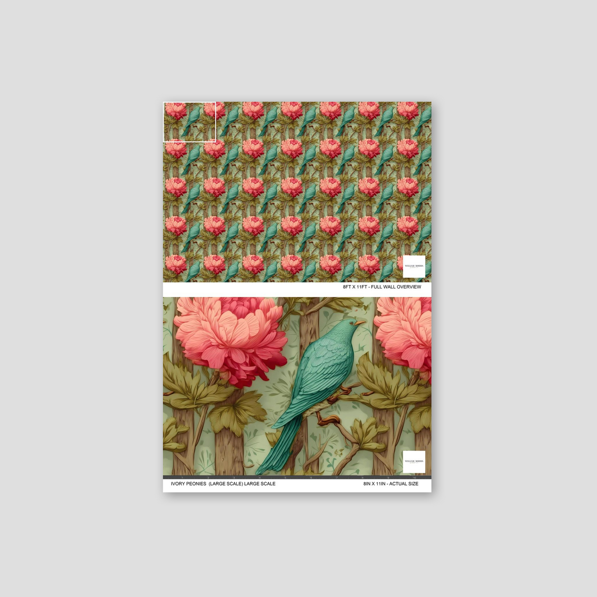 Ivory Peonies wallpaper with coral blooms and teal bird on a muted backdrop.