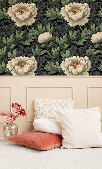 Ivory Peony large scale wallpaper in a styled room