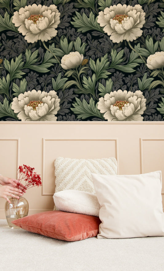 Ivory Peony large scale wallpaper in a styled room