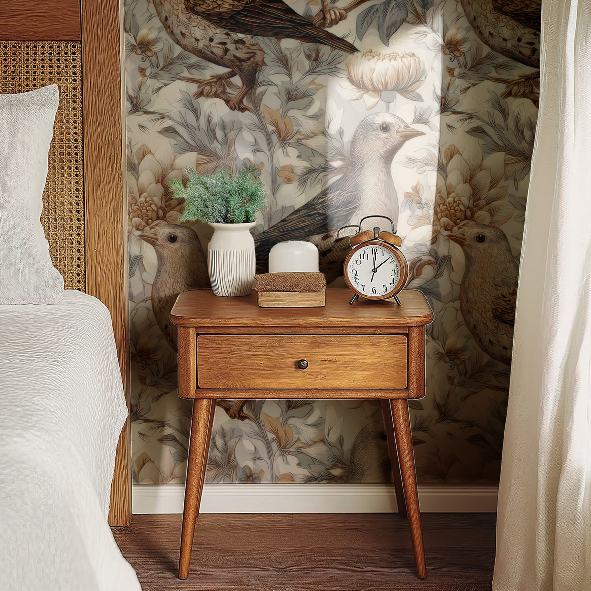 Ivory Sparrow large scale wallpaper in a styled room