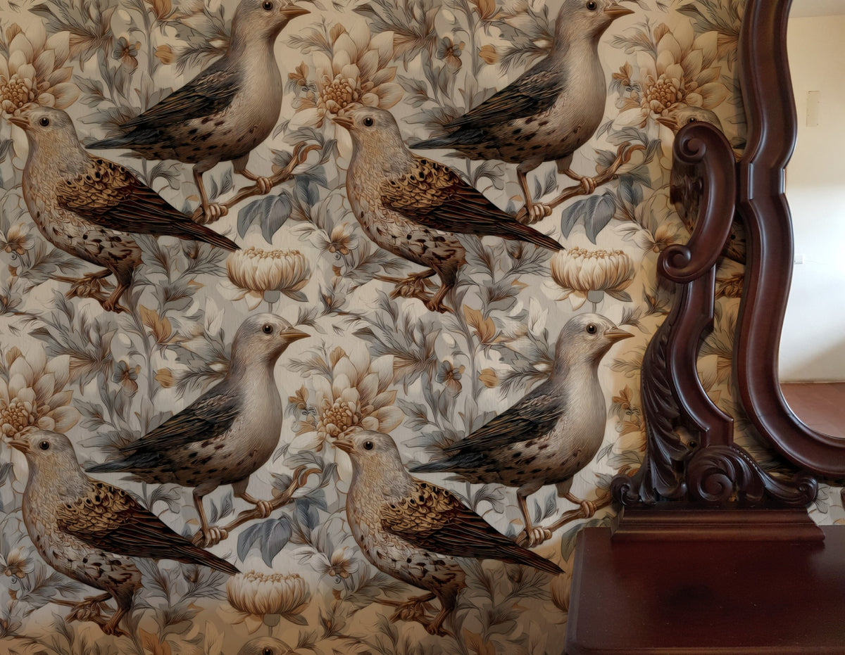 Ivory Sparrow large scale wallpaper in a styled room