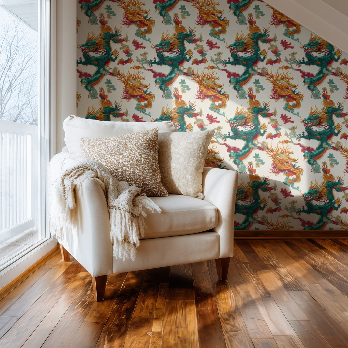 Jade Serpent large scale wallpaper in a styled room