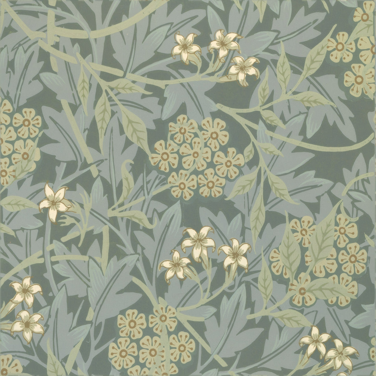 Cream jasmine flowers and gold clusters over layered grey-green leaves, a William Morris design.