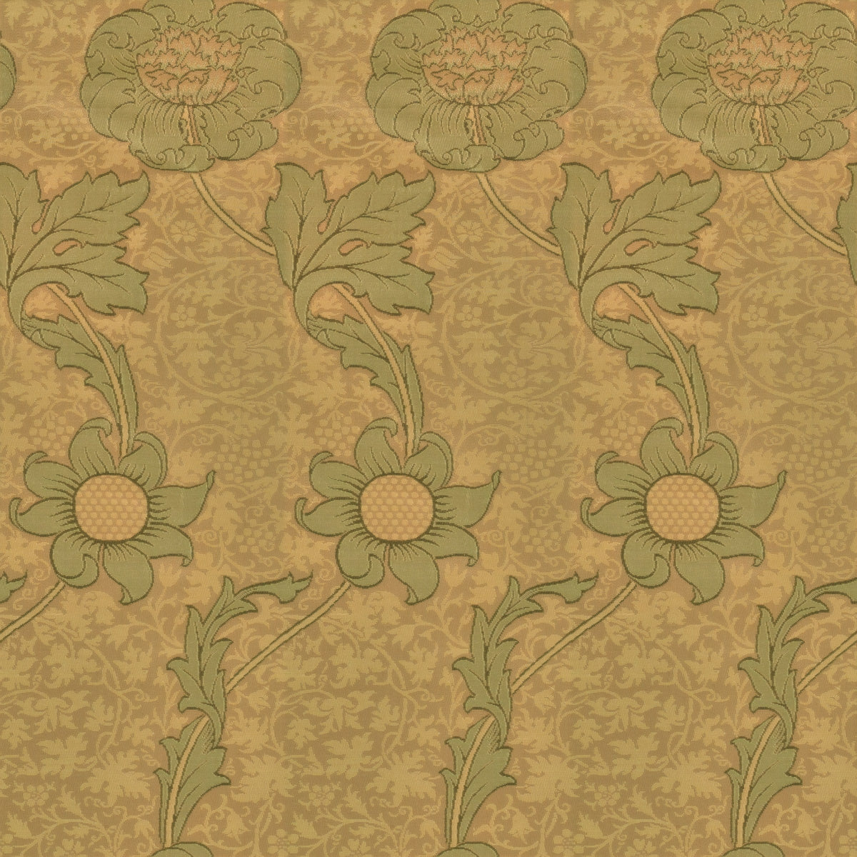 Olive-green flowers and leaves climbing in wavy columns over an ochre-gold ground, a William Morris design.