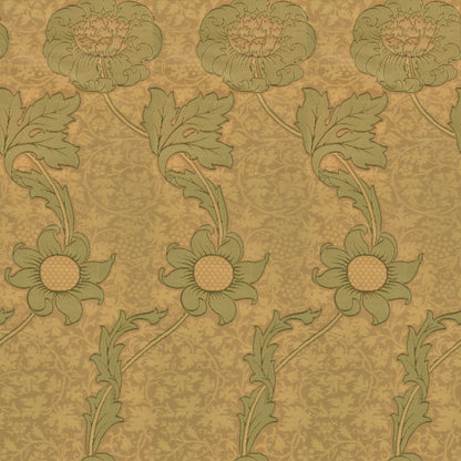 Olive-green flowers and leaves climbing in wavy columns over an ochre-gold ground, a William Morris design.