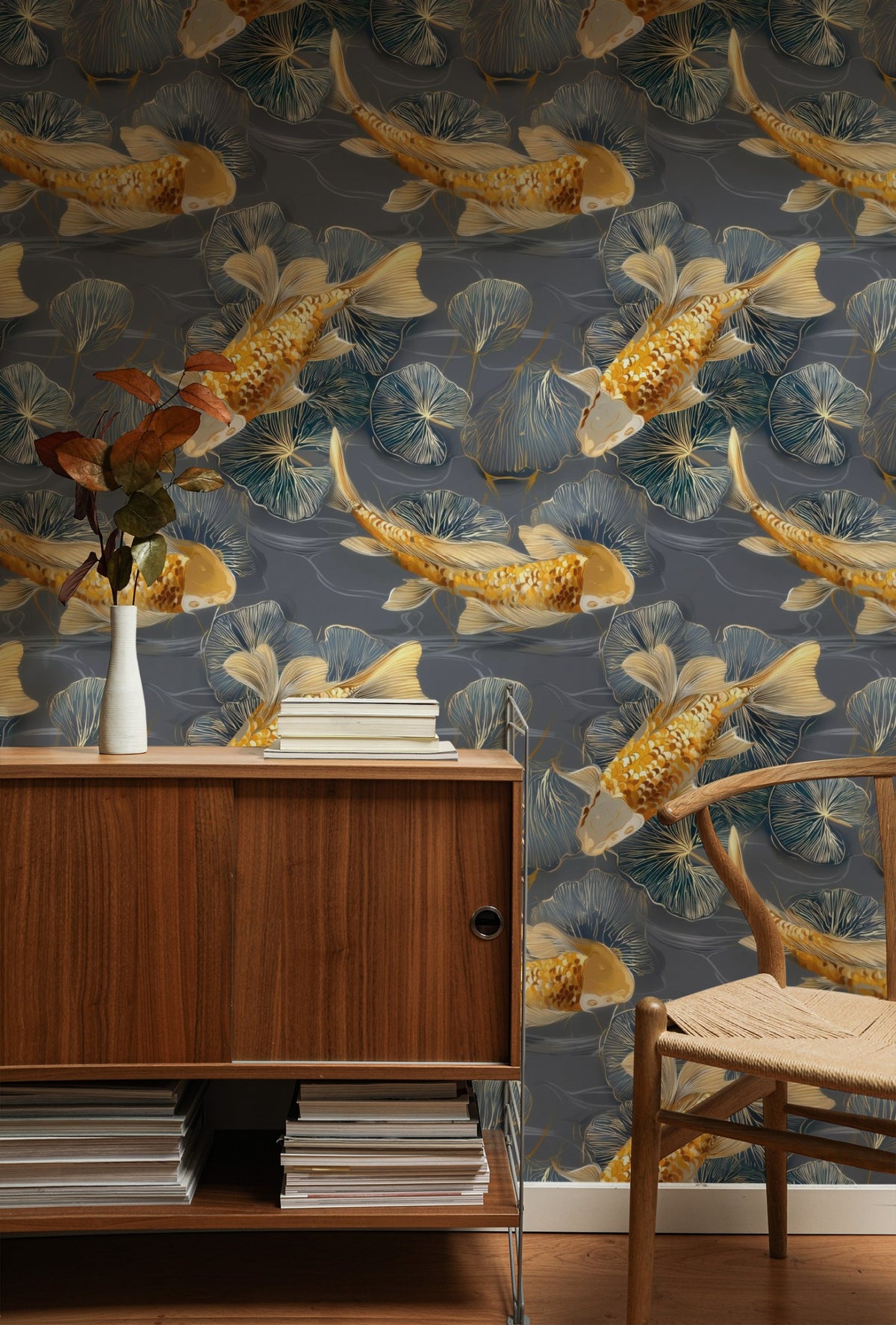 Koi Pond large scale wallpaper in a styled room