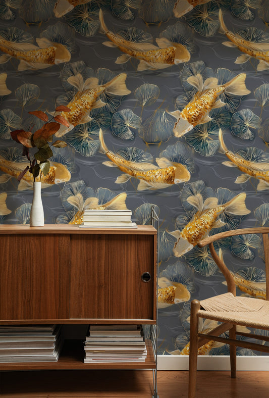 Koi Pond large scale wallpaper in a styled room