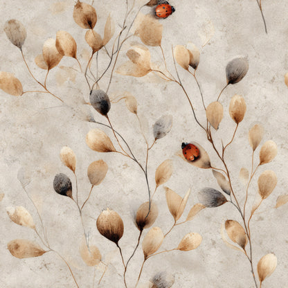 Delicate taupe seed pod branches with small ladybirds on a stone grey wash.