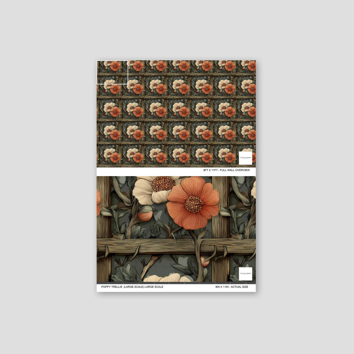 Large scale poppy trellis wallpaper with orange and cream flowers on earthy background.