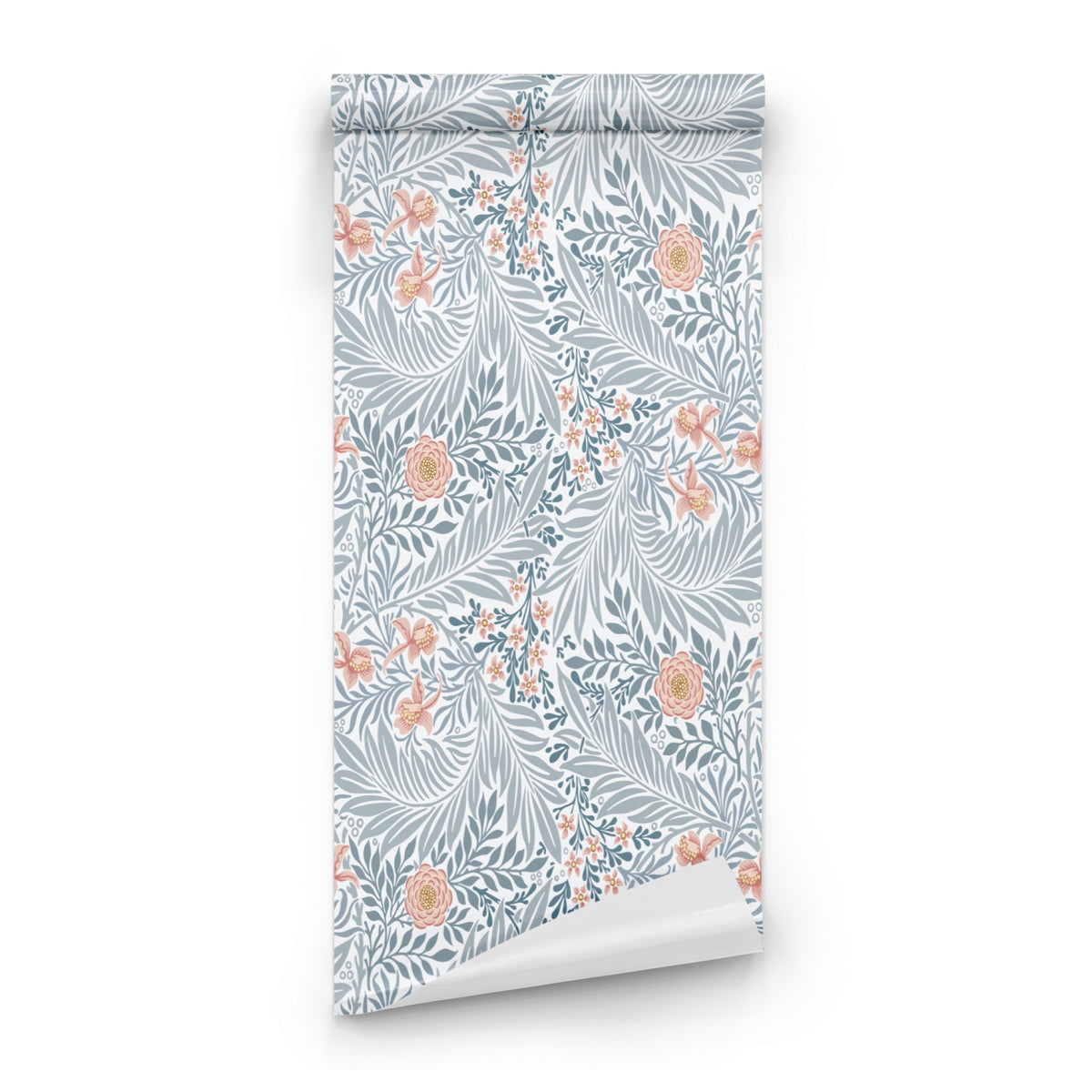 Blue Floral Wallpaper roll close-up showing the larkspur drawing in close deep indigo blue Morris detail