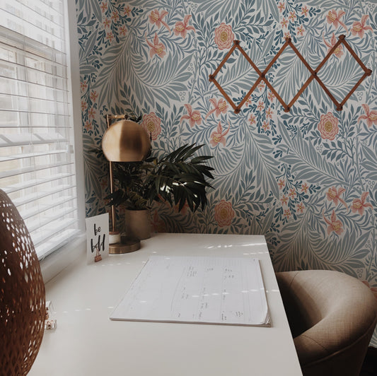 Blue Floral Wallpaper installed in a room interior with the 1872 Morris larkspur design in deep indigo blue