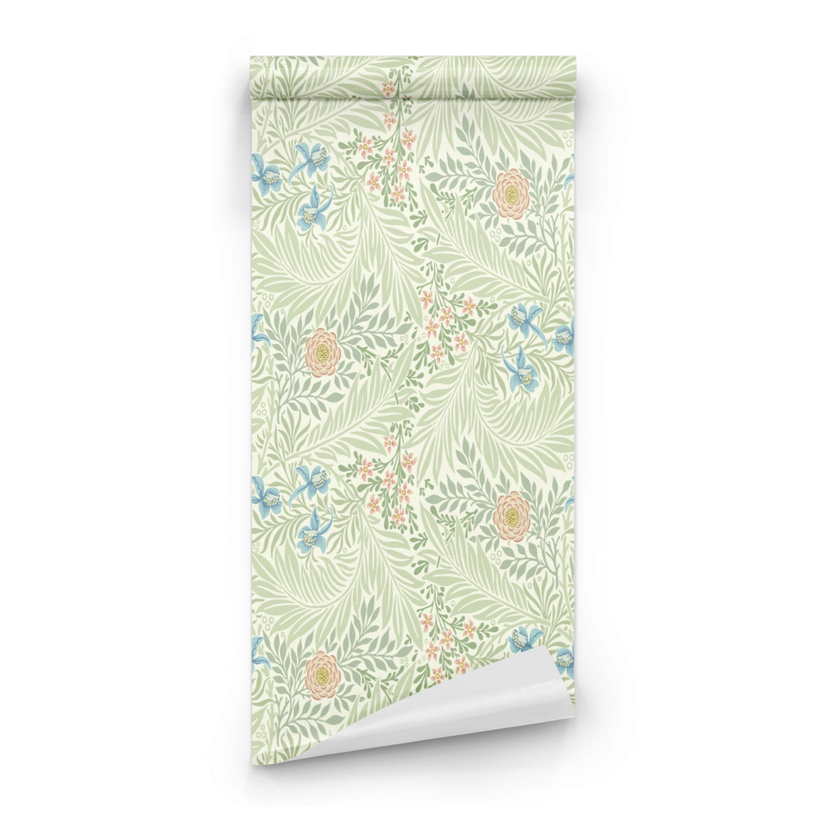 Green Floral Wallpaper roll preview showing the larkspur drawing in close heritage green Morris detail