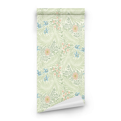 Green Floral Wallpaper roll preview showing the larkspur drawing in close heritage green Morris detail