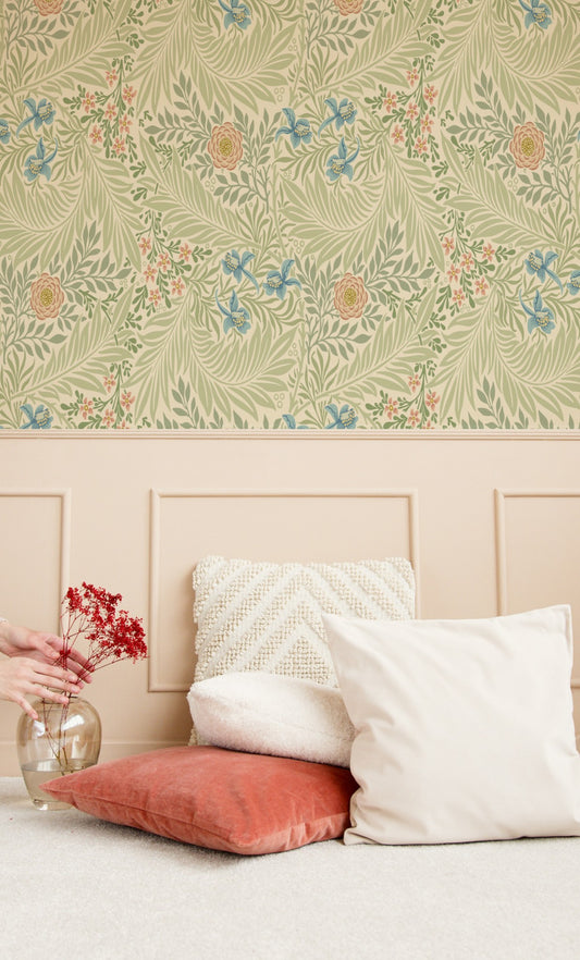 Green Floral Wallpaper installed on a room wall with the 1872 Morris larkspur design in heritage green
