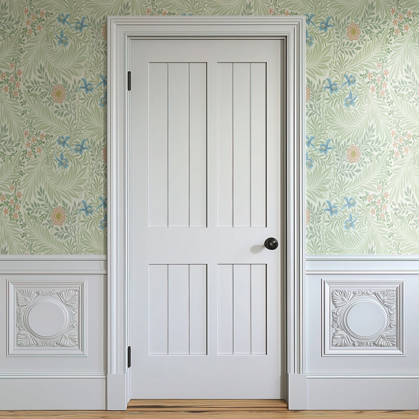 Green Floral Wallpaper shown in a second interior with the green larkspur reading as quietly traditional Morris decoration