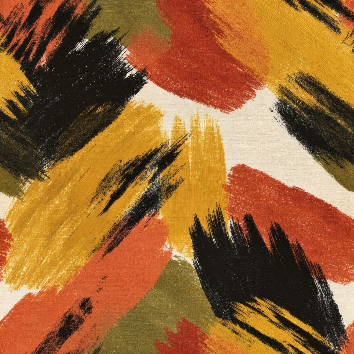 Bold abstract tiger-stripe brushstrokes in burnt orange, ochre, black and cream.