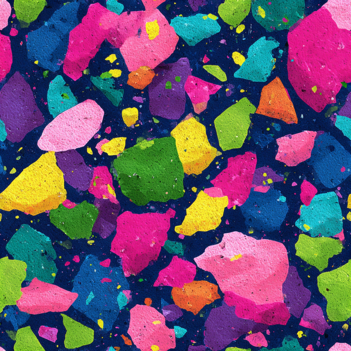 Colorful terrazzo chips in fuchsia, emerald, turquoise and gold on a midnight navy ground.