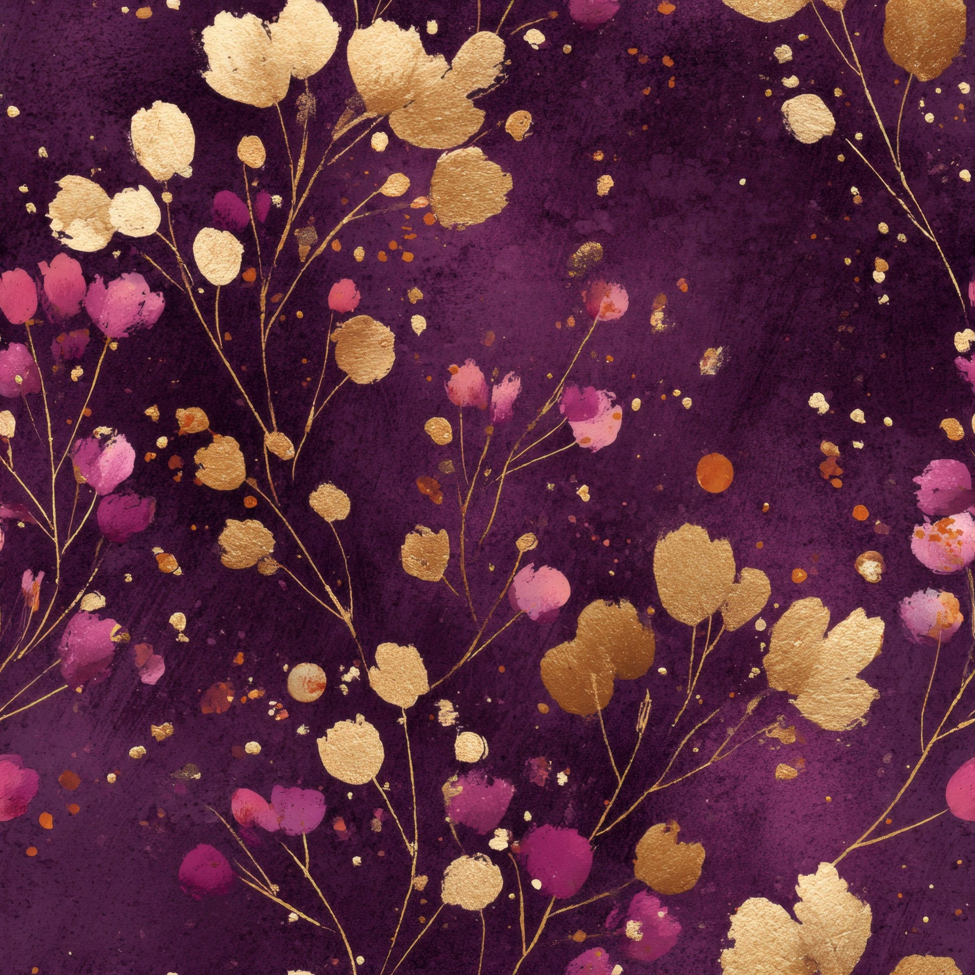 Fine gold branches with rose and amber blossom dots on a deep plum ground.