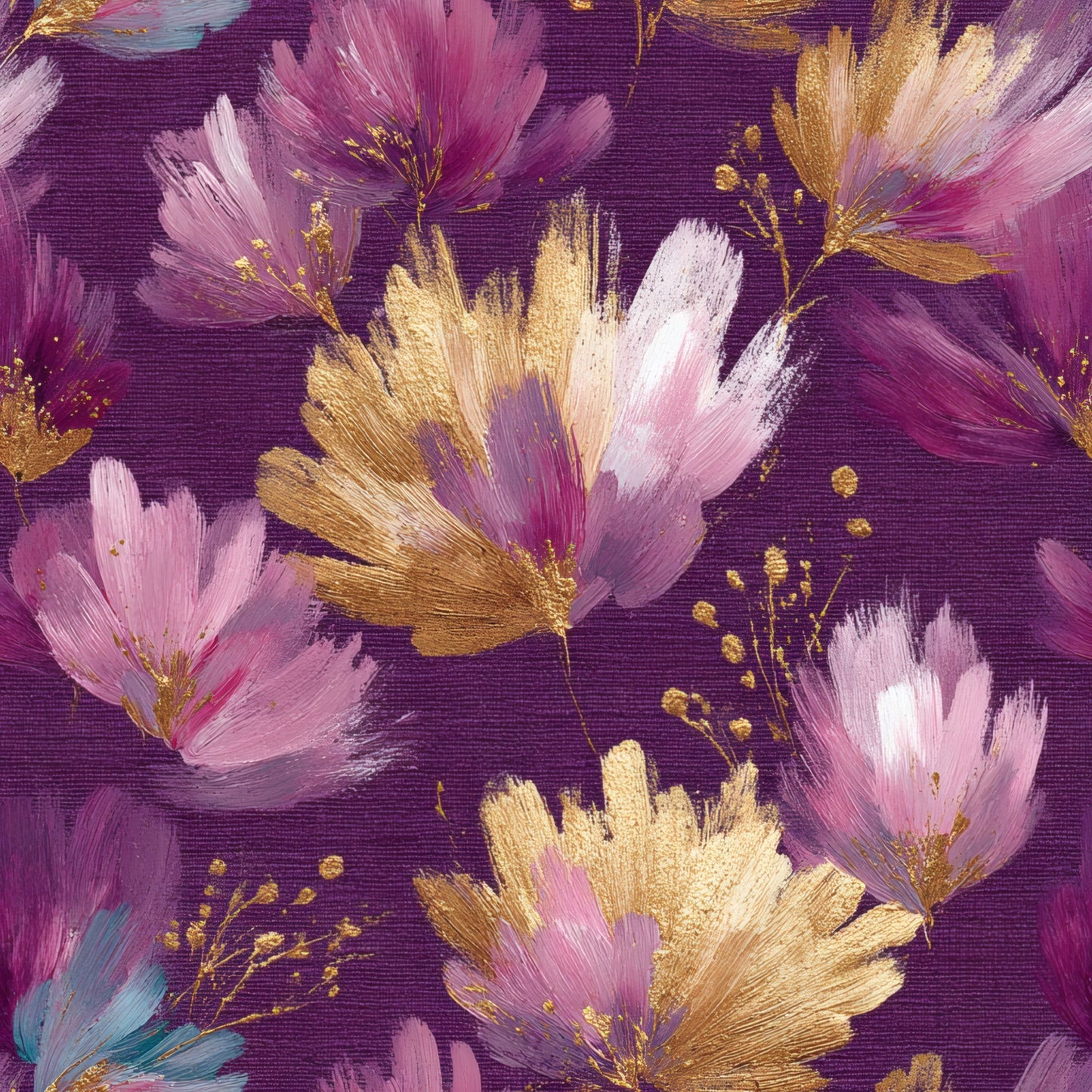 Painterly lotus flowers in pink, lavender and gold on a deep plum ground.