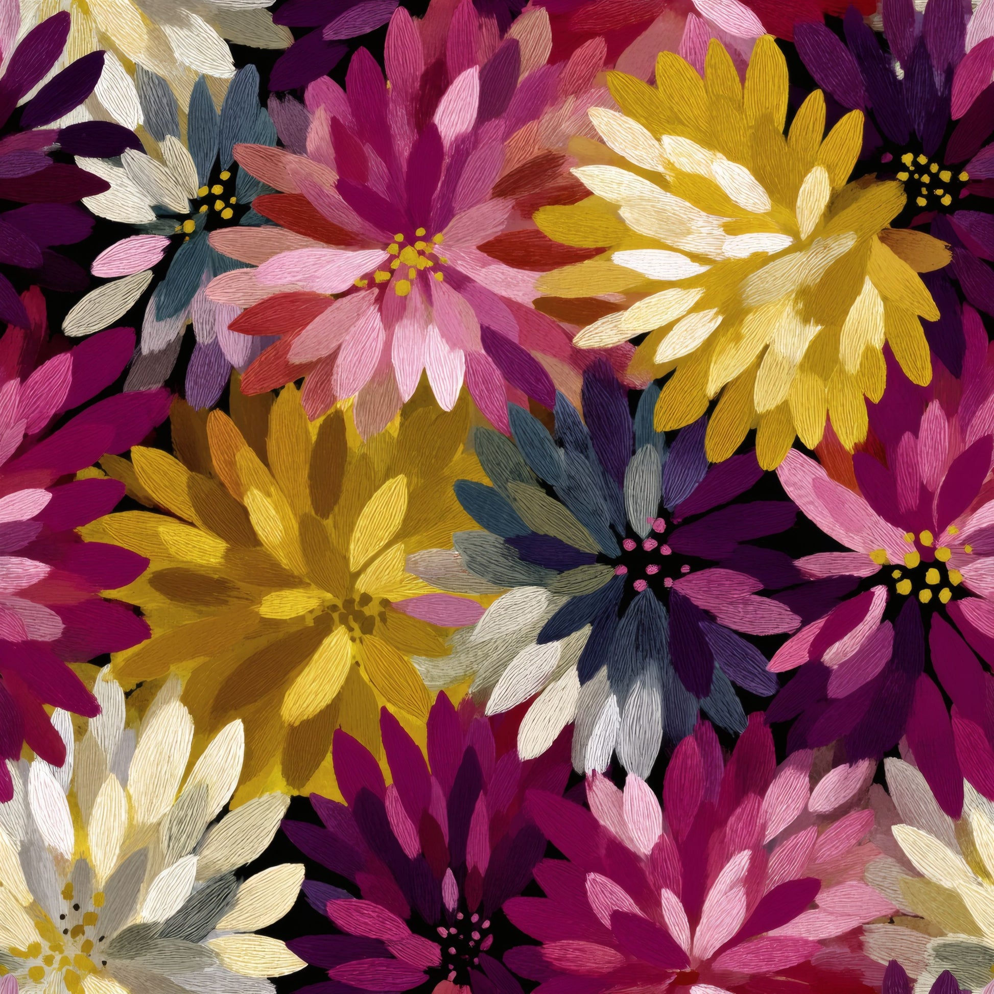 Densely packed dahlia-like blooms in magenta, gold, cream and plum covering the full surface.