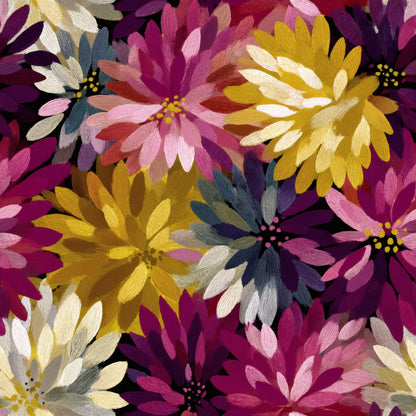 Densely packed dahlia-like blooms in magenta, gold, cream and plum covering the full surface.