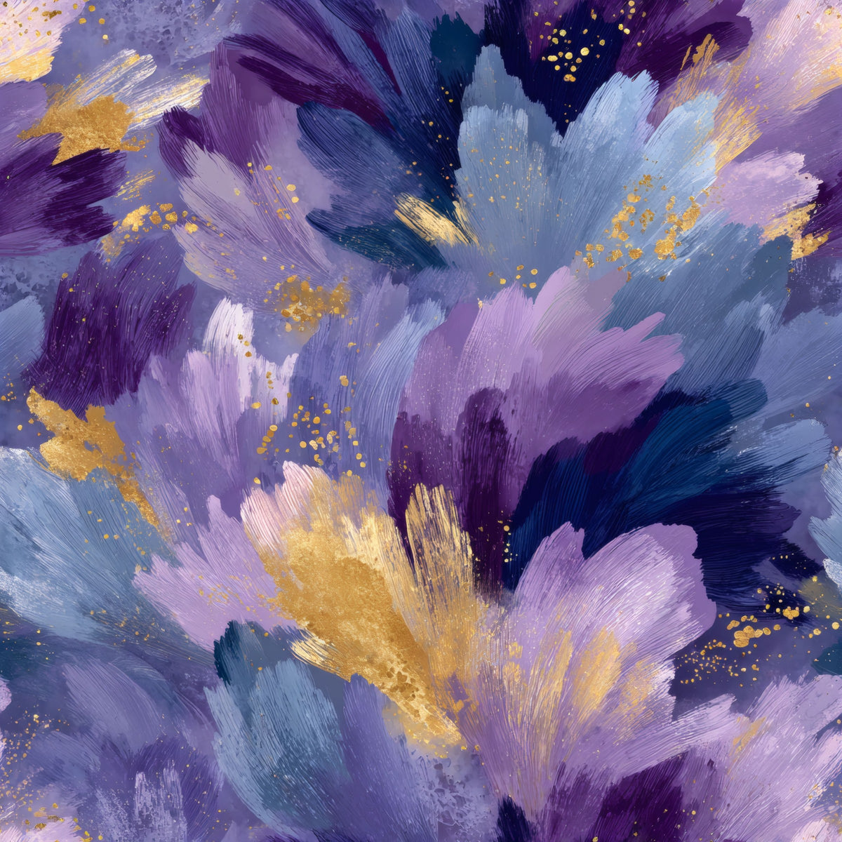 Fluid abstract brush sweeps in lavender, periwinkle blue and gold.