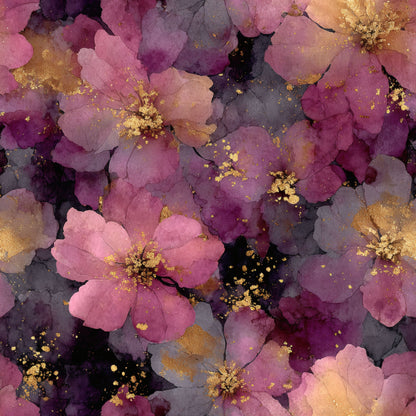 Mauve and rose blossoms with gold flecks dissolving into a smoky dark ground.