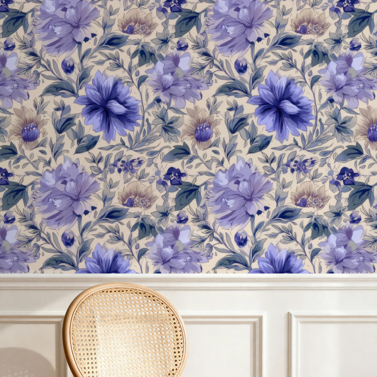 Lavender Peony large scale wallpaper in a styled room