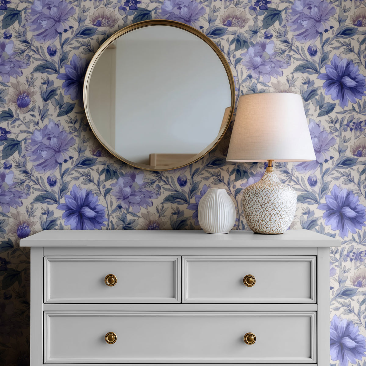 Lavender Peony large scale wallpaper in a styled room