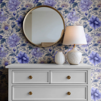 Lavender Peony large scale wallpaper in a styled room